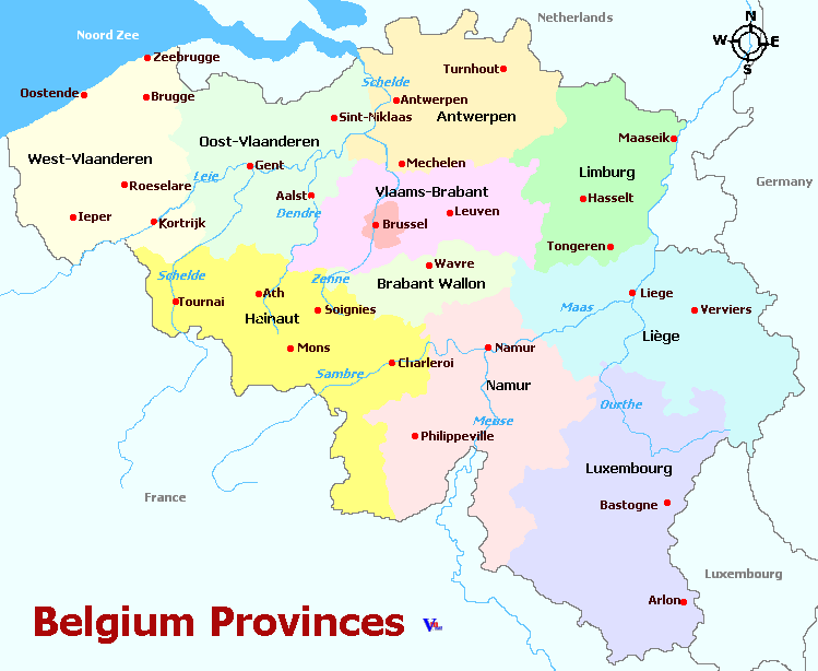 Belgium and departments map, Carte des d&eacute;partements de la r&eacute;gion Belgium