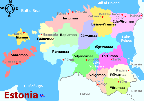 Estonia and departments map, Carte des d&eacute;partements de la r&eacute;gion Estonia