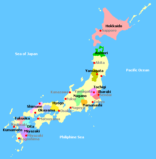 Map of Japan and its wine regions