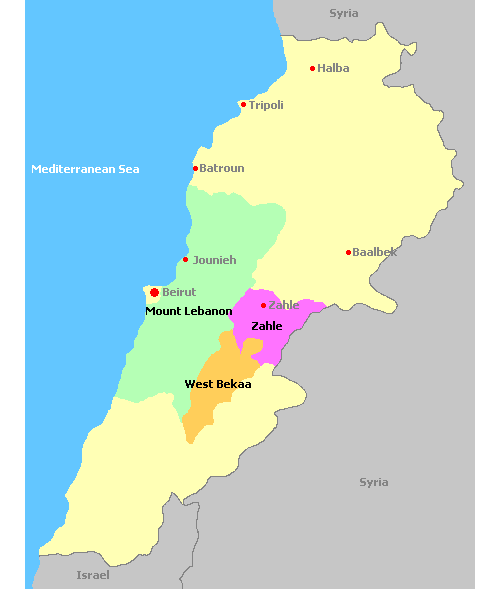 Map of Lebanon and its wine regions