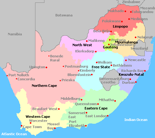 Map of South Africa, its Provinces and main cities