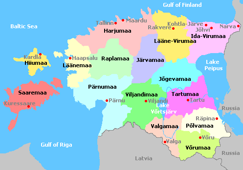 Estonia and departments map, Carte des départements de la région Estonia