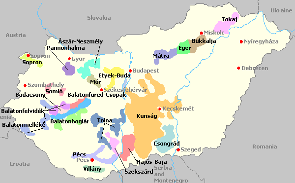 Map of the Sub Wine Regions in Hungary