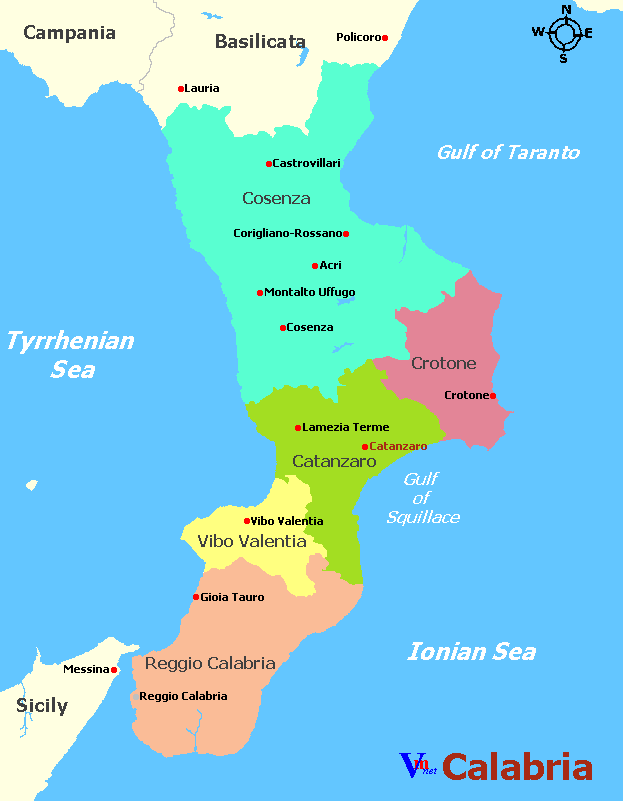 Map of Calabria Italy
