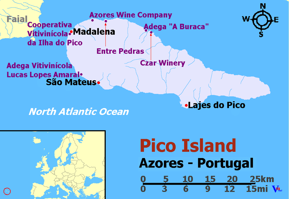 Map of Pico Island Map of Pico Island in the Azores, Portugal, showing key towns and wine-producing areas including Madalena, Sao Mateus, Entre Pedras, and Lajes do Pico.