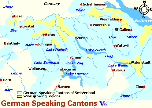 Map of German-Speaking Wine Regions in Switzerland