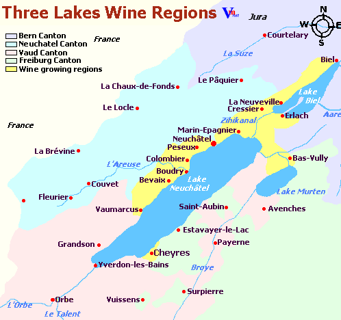 Map of Three Lakes Wine Regions in Switzerland
