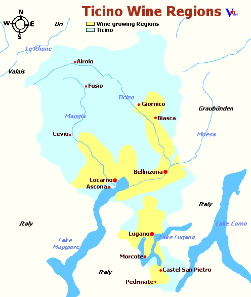 Map of Ticino Wine Regions in Switzerland