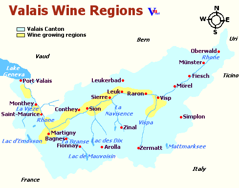 Map of Valais Wine Regions in Switzerland